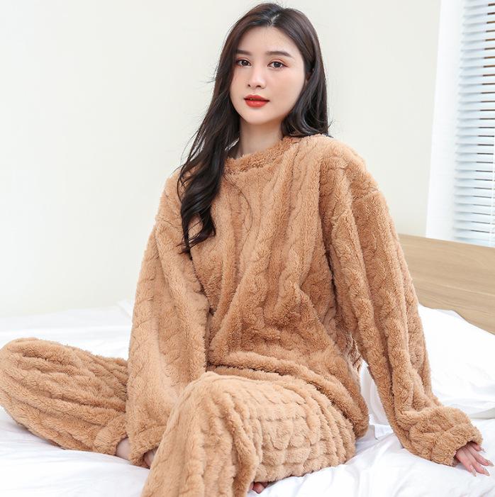 2025 Herbst/Winter Damen Verdicktes Korallenfleece Flanell Pyjama Set mit langem Cardigan, Übergröße, Warme Homewear.