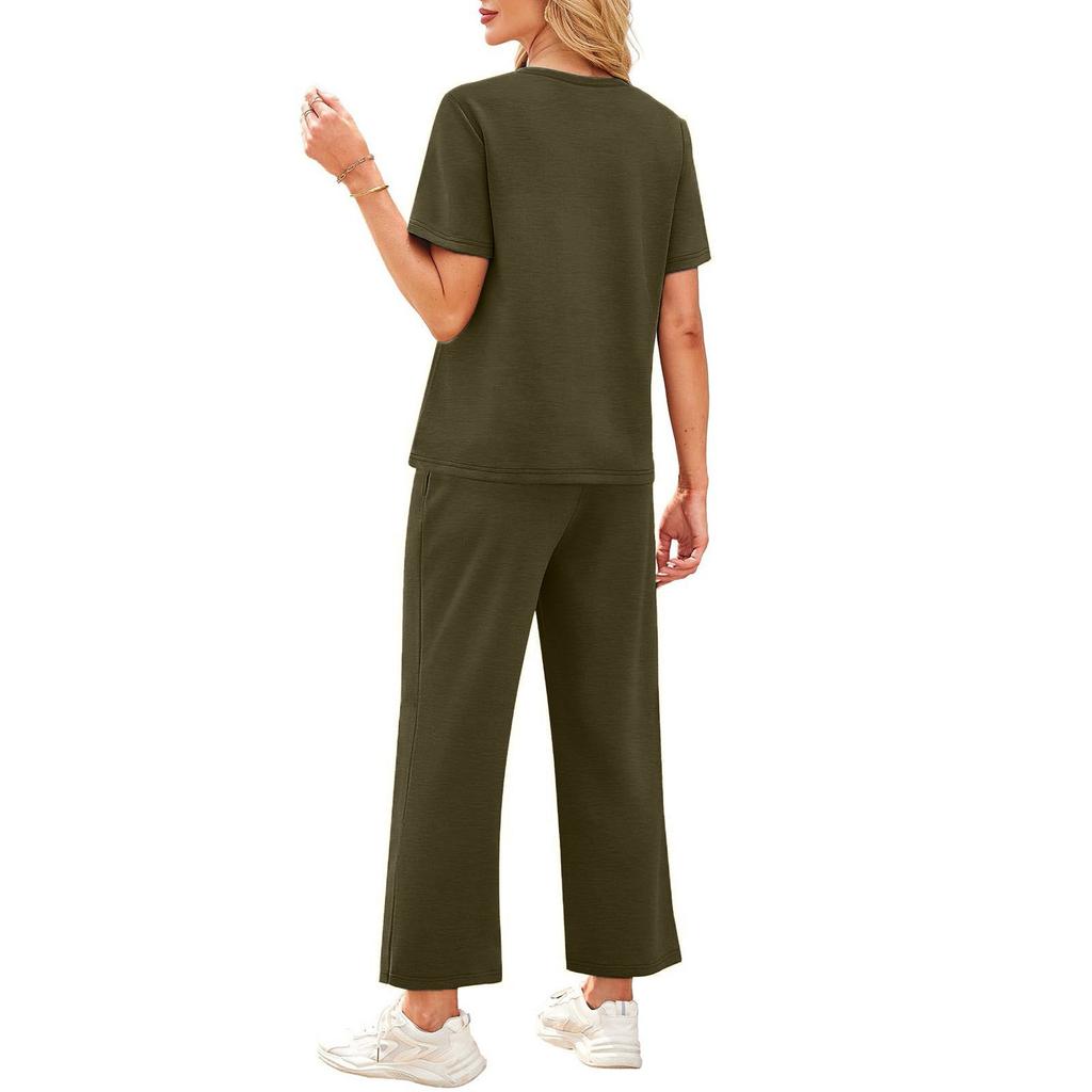 Women's Casual Fashion Short Sleeve Loose Wide Leg Pants Round Neck Suit