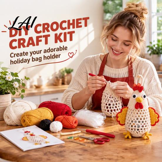 Seasonal Craft Kits Crochet Animal Bag Holder DIY Kit Hanging Plastic Make Easy Patterns Cute Raccoon Highland Cow Organizer for Home Kitchen Decor,