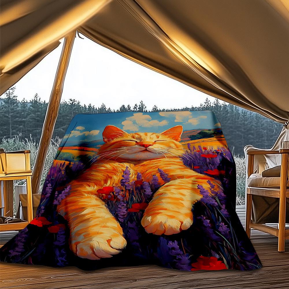1 Stück Lavendelfeld Katzenmotiv Outdoor Weiche Polyester Flanell Decke Vielseitig für alle Jahreszeiten , Weich , Gemütlich , Warm Ganzjahres gesteppte Decke ,