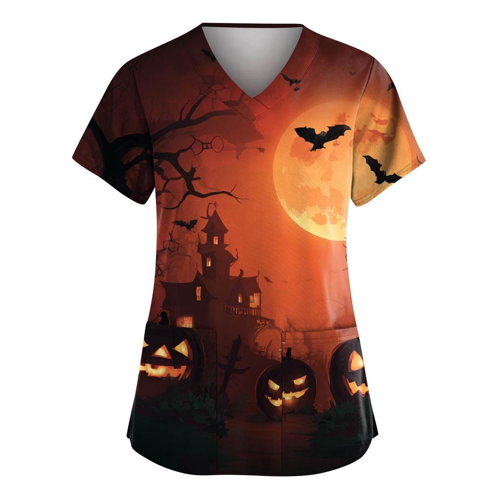 Moda Femenina Monos de Manga Corta con Cuello en V con Bolsillos Tops Estampados de Halloween Ropa