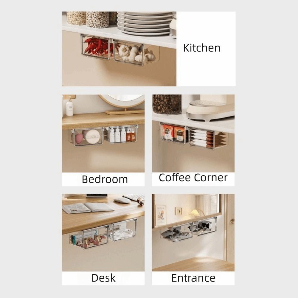 Plastic Drawer Style Storage Box Transparent Self Adhesive Under Desk Drawer Organizer Space Saving Large Capacity