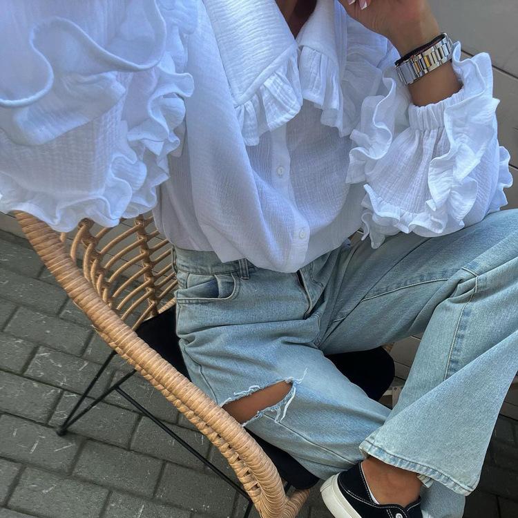 Dámská bavlněná košile s lucernou a rukávy, ležérní límec pro panenky, bílá bavlněná halenka