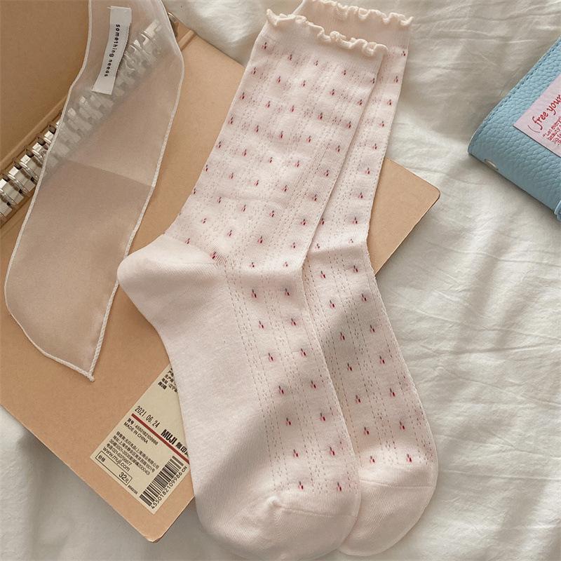 

Женские летние тонкие повседневные носки из хлопка с сетчатой вставкой, дышащие, с мелким цветочным узором и кружевом-ушком. 1 pair розовый