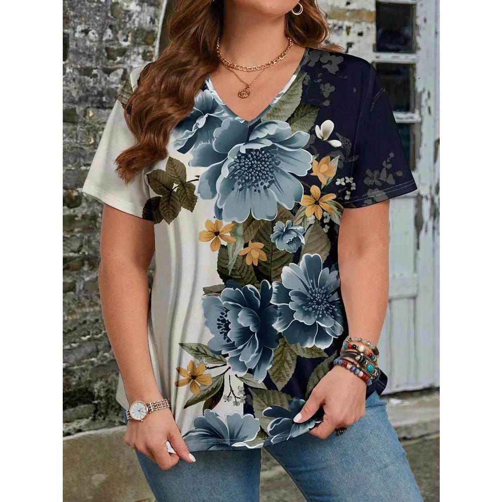 Summer V-neck Flower Pattern 3D Printed Top Fashionable Casual Short Sleeved Plus Size Women's T-shirts