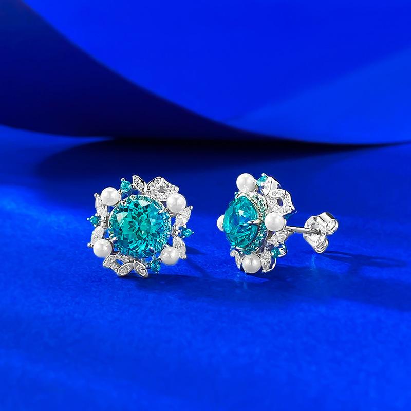 One Carat Paraiba Blue Jacaranda Flower Pearl Stud Earrings Light Luxury