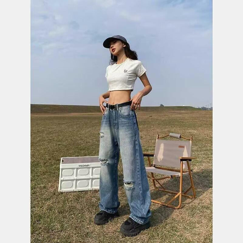 JYL Women s Straight Jeans European Cross-Border New Vintage Loose Floor-Length Denim XL