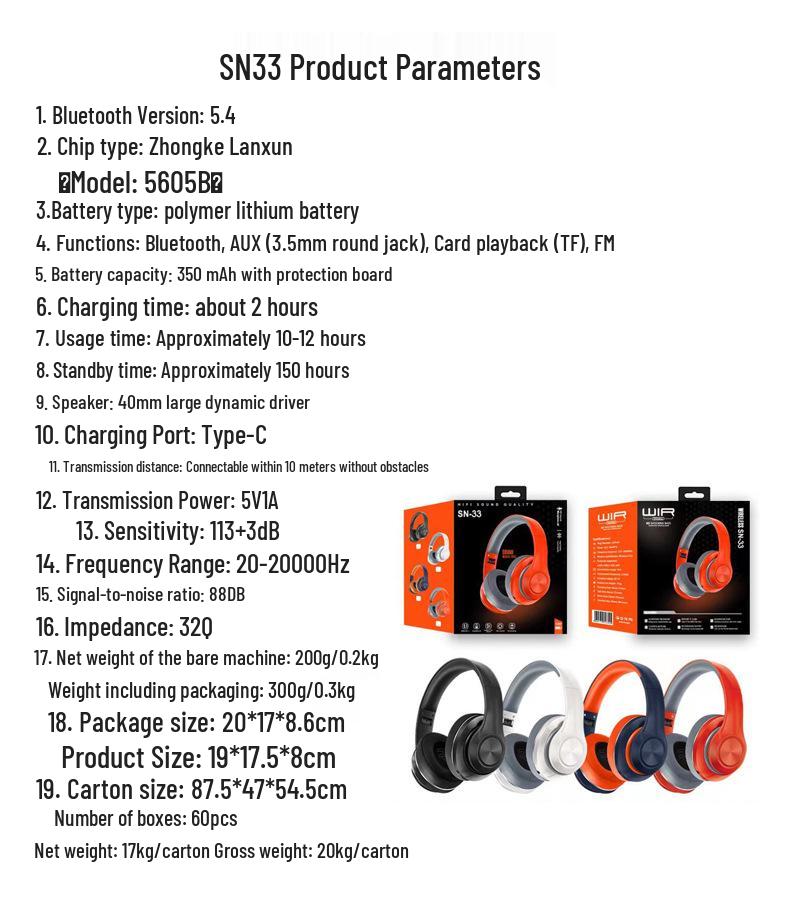 SN33 Over-Ear Bluetooth True Wireless Earbuds, Heavy Bass, Sports, TF Compatible, Universal for Mobile Phones