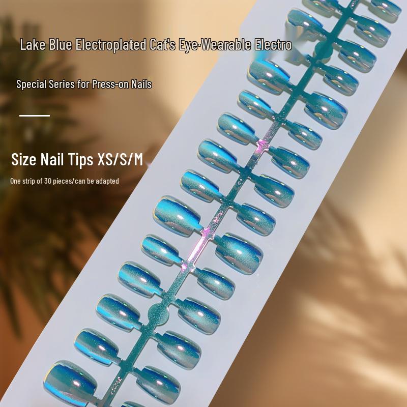 

Trendy Cat Eye Ice Lake Blue Electroplated Short T-Shaped False Nails