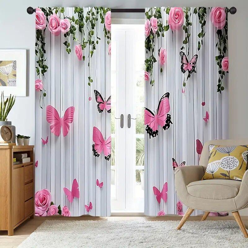 Butterflies and Pink Roses - Pole Bag Curtains, Bedroom and Kitchen Decoration, Home Decoration, Living Room Decoration