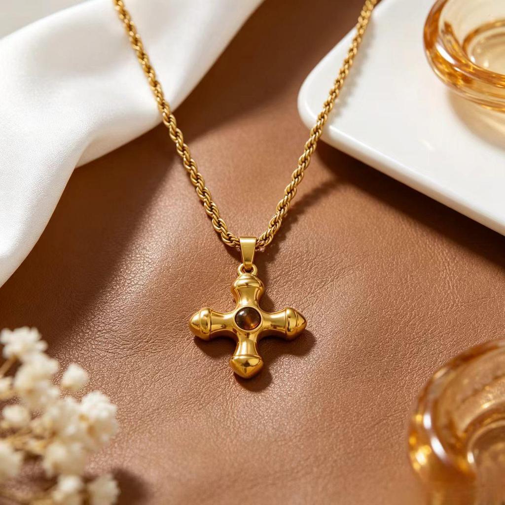 Gold-Plated Turquoise Twisted Chain Cross Necklace for Women - Non-Fading Titanium Steel Jewelry
