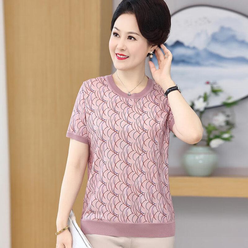 Elderly Women s Breathable Short Sleeve Round Neck Knit Top XL