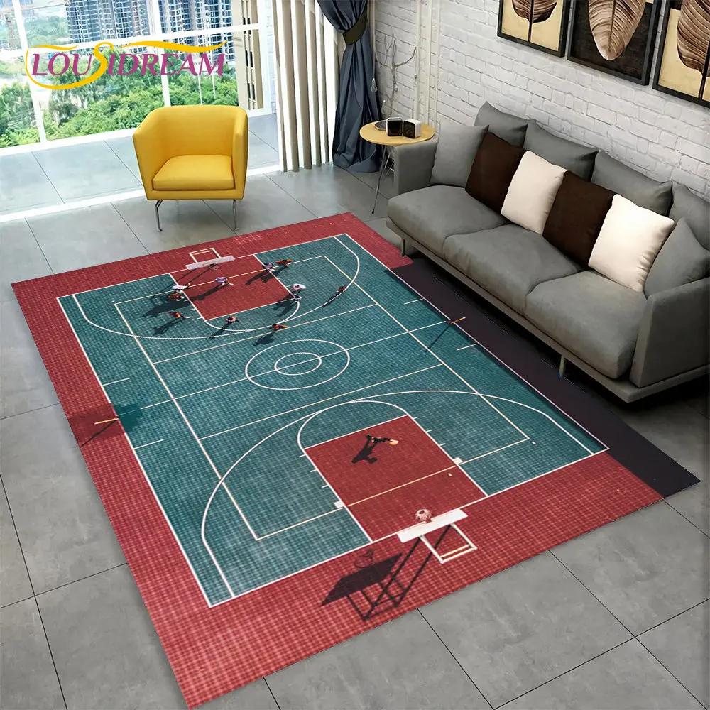3D Basketball Cour Cartoon Area Rug Large,Carpet Rug for Living Room Bedroom Sofa Playroom Doormat Decor,Kids Non-slip Floor Mat