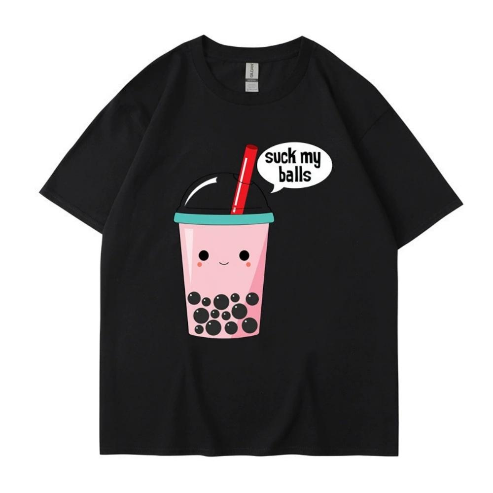Cute Summer New Cotton Harajuku Unisexs Wounisex Top Fashion Short Sleeve Tshirt Cartoon Milk Tea Print Tops