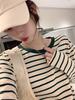 2026 Women's Plus Size Loose Cotton Red Striped Long Sleeve T-shirt for Spring, Autumn, and Summer