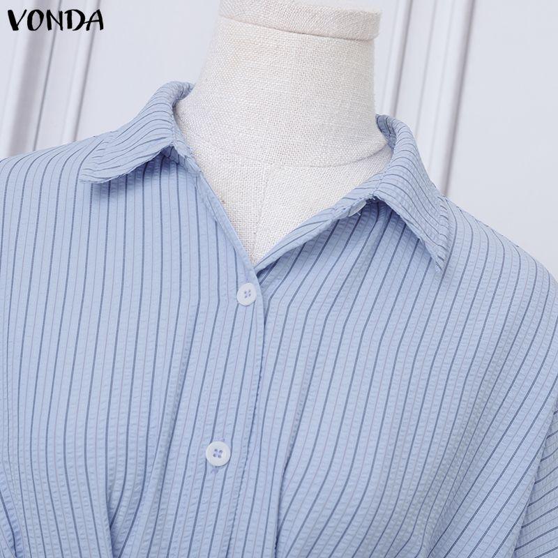 VONDA Womens Casual Lapel Neck Long Sleeve Ruffled Striped Print Loose Rumple Blouse Shirts