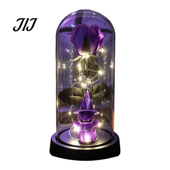 Romantic Spooky Festival Gift Halloween Indoor Light Up Rose in Plastic Dome Cloche, Artificial Preserved Flower Shadow Night with Spider Pumpkin