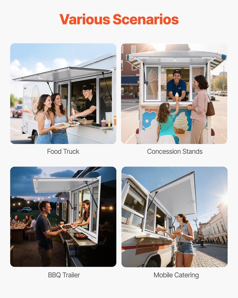 Verkaufsfenster 135x84 cm, Servicefenster aus Aluminiumlegierung für Food Truck, bis zu 85 Grad aufstellbares Bedienfenster mit 4 Schiebefenstern, Markisentür,