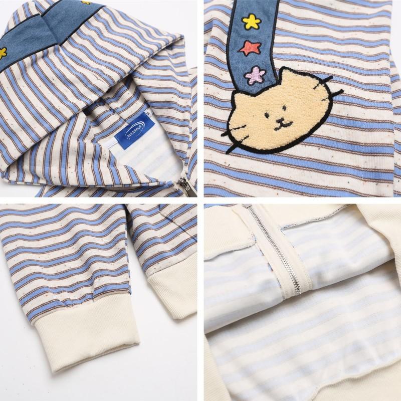 American Style Cartoon Embroidered Striped Hooded Zip Sweatshirt Loose Fit Couples Men Women Fall