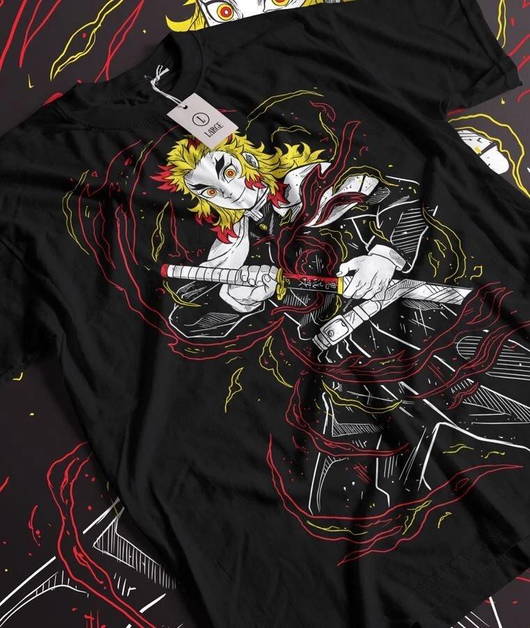 Kyojuro Rengoku TShirt Kimetsu No Yaiba Anime Demon Slayer Black Shirt All Size