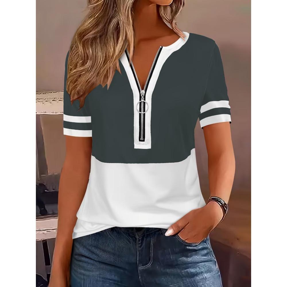 

Fashion Elegant Zip Round Neck Color-Block Striped Print Plus Size Women s Short Sleeve Tee Top L
