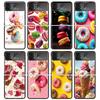 Coque de téléphone noire rigide avec motif macaron, gâteau glacé et beignet pour Samsung Z Flip 6 5 4 3 Galaxy ZFlip6 5G Flip5 Flip4, protection caméra.