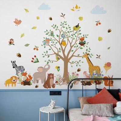 Adesivi murali dei cartoni animati Safari Giungla Foresta Albero Animali Parco Bambini Cameretta dei bambini Asilo Nido Centro di istruzione precoce Decorazione