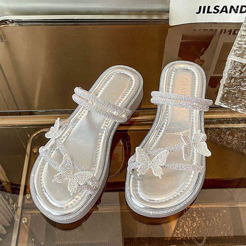 2024 Summer Wear New Beautiful Women Slippers Internet Celebrity Beach Butterfly Rhinestone Two Wear One-word Drag Fairy Wind Sandals