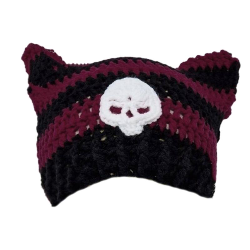 Y2K Anime Ear Cap Windproof Hat Female Beanie Headwear Handcrochet Pullover Hat