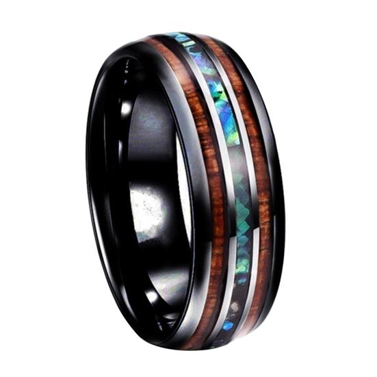 Unisex Wooden Abalone Shell Titanium Steel Ring Wedding Party Jewelry