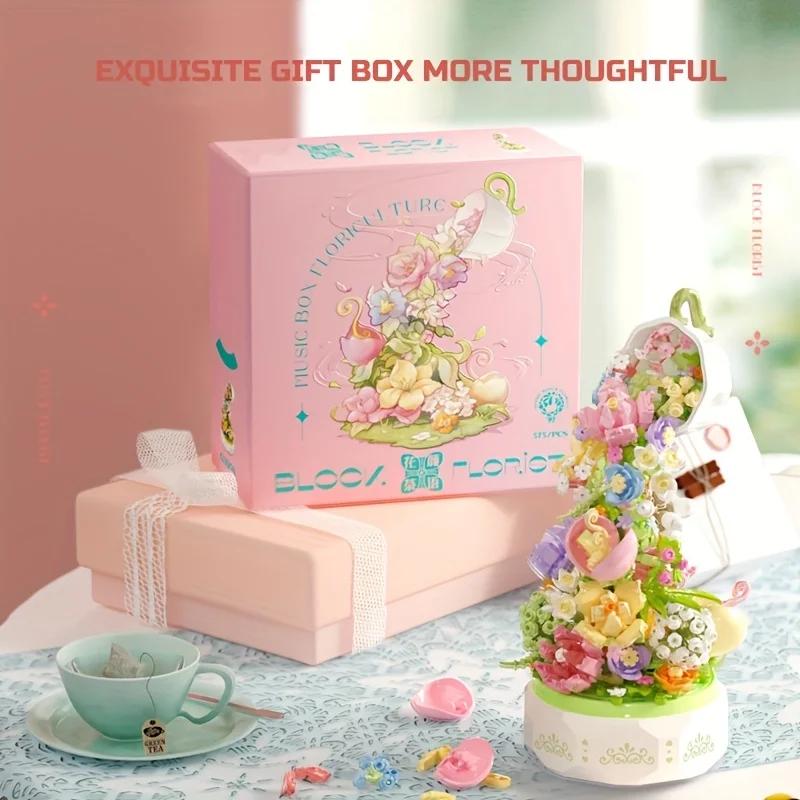 575 Peças Xícara de Chá Flor Caixa de Música Giratória Blocos de Construção Caixa de Presente Romântica de Dia dos Namorados para Meninas Enfeites Decorativos para Casa