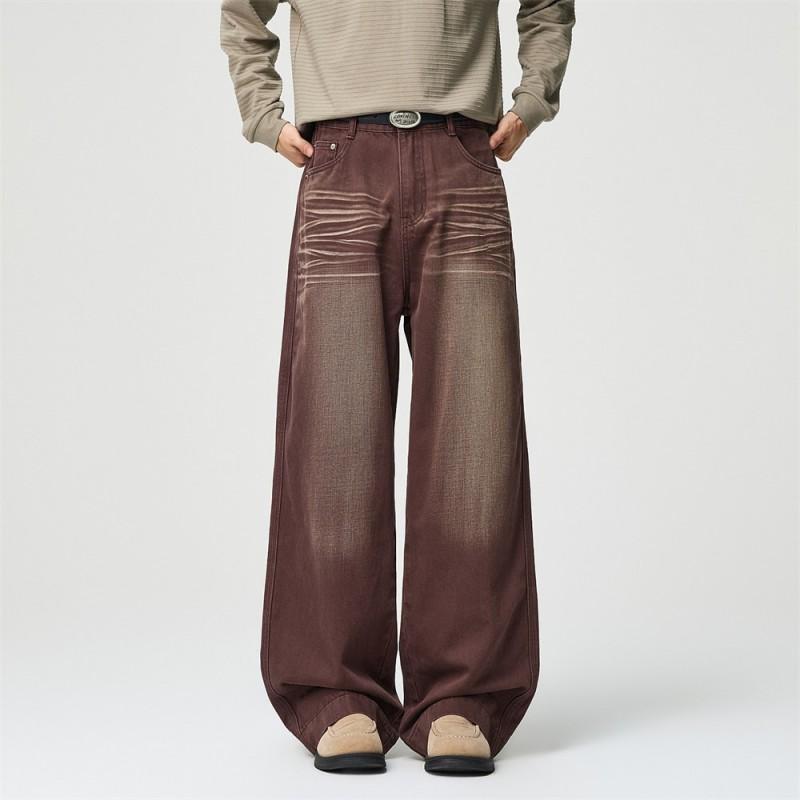 Mens Vintage Washed Straight Leg Wide Pants Retro Crease Loose Casual Streetwear Trousers
