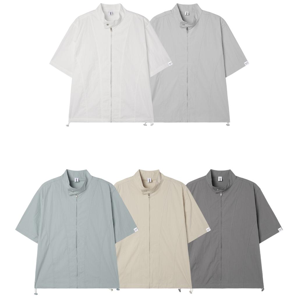 APOSTROPHE COMMA Reversible Label High-Neck Zip-Up Short-Sleeve Shirt_Dark Gray