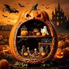 Detailed Halloween Scene Decor Centerpiece Pumpkin, Wooden Pumpkin Ornament with Miniature Scenes, Rustic Home Accents Skeleton for Farmhouse