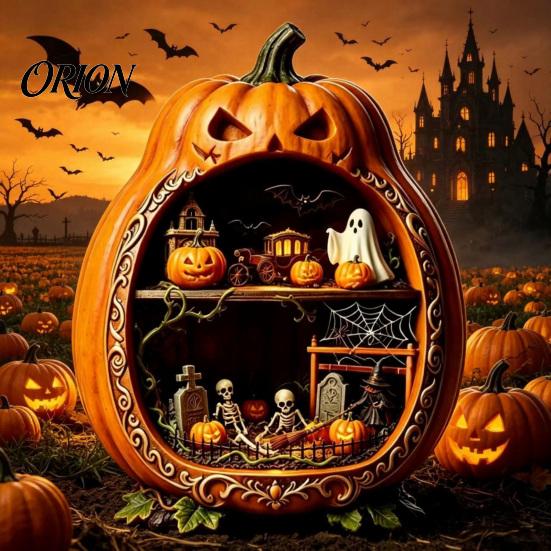 Detailed Halloween Scene Decor Centerpiece Pumpkin, Wooden Pumpkin Ornament with Miniature Scenes, Rustic Home Accents Skeleton for Farmhouse