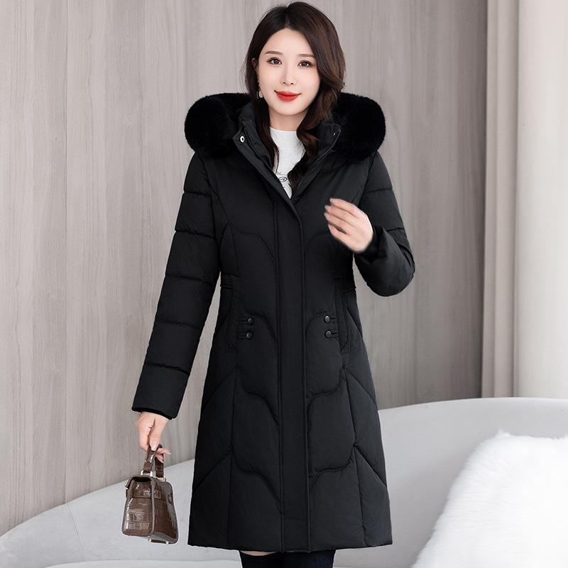 Women's Winter Cotton Coat - Mid-Length Korean Style with Waist-Hugging Design, Thick Padding, and Large Fur Collar.