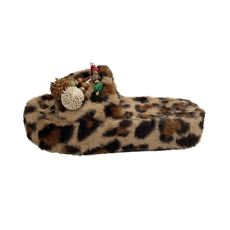 Leopard Print Thick Bottom One-word Fluffy Slippers Women Wear 2025 New Spring, Autumn and Winter Indoor Home Internet Celebrity Cotton Slippers