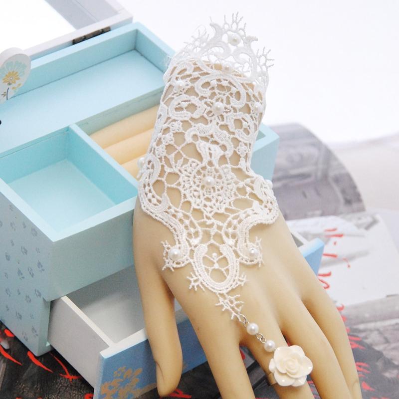 2colors Women Rose Beads Flower Lace Gloves Goth Style Adjustable with Ring Long Bracelet Wedding Bridal Accessories