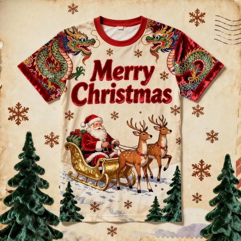 Children's Santa Claus Print Round Neck New Year T-shirts Kids Unisex Comfortable Fashionable Top Short Sleeved