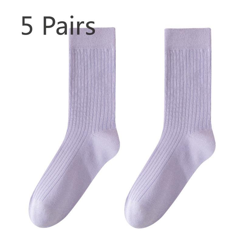 5 Pairs of Female Autumn and Winter Pure Color Pure Cotton Thickened 7A Antibacterial Deodorant Boneless Pile Socks