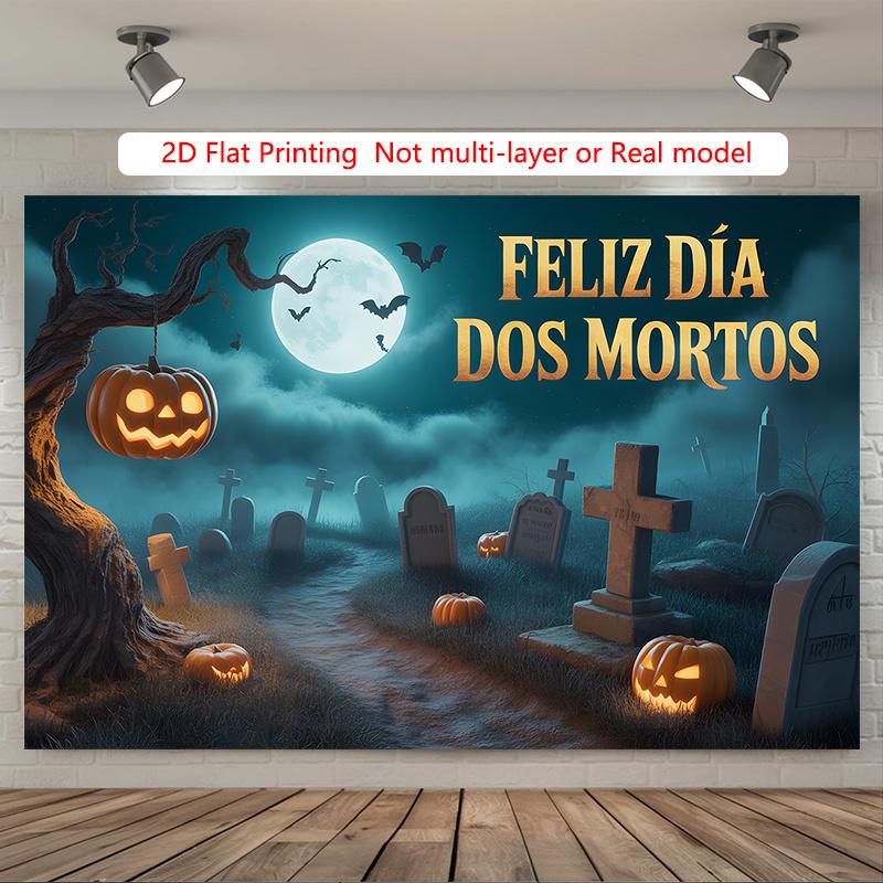 Party Backdrop Halloween Flat Graveyard Scary Pumpkin Lanterns Tombstones Event Photo Background Outdoor Party Decor