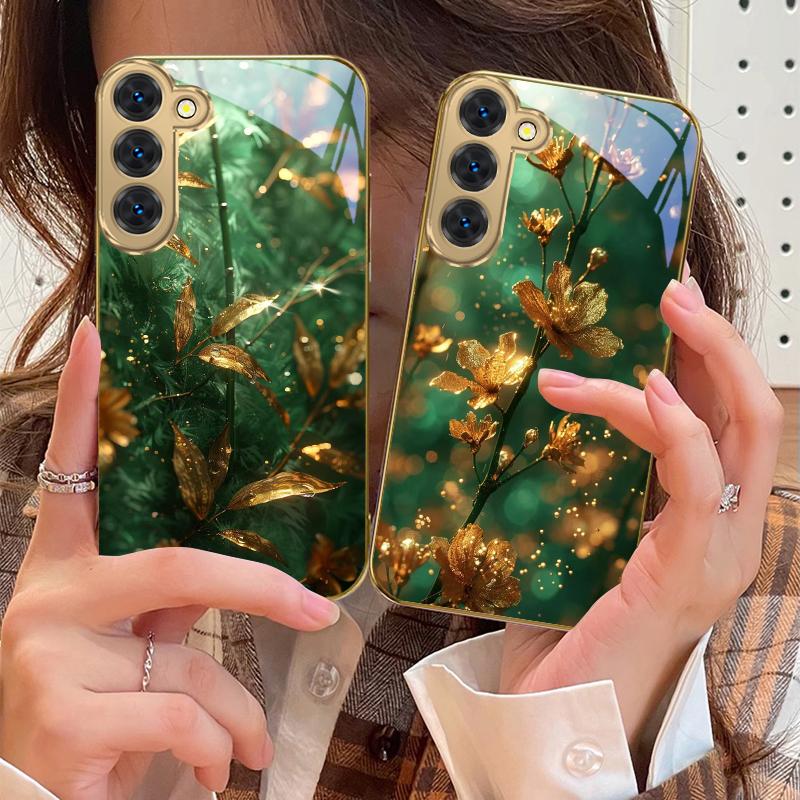 Bronze goldene Blätter Für Samsung Galaxy S26 S20 FE S21 S22 S23 Plus S24 Ultra 25Ultra S21+ S9 S22 S8 Goldene Glas-Handyhülle