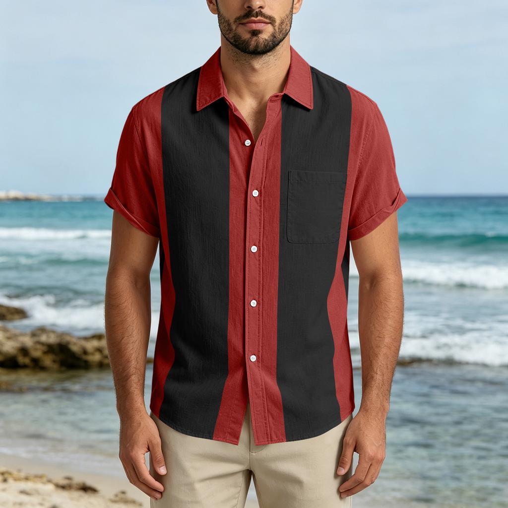 Men Short Sleeve Casual Button Down Shirt Relaxed Fit Lightweight Fabric Vertical Stripe Pattern Lapel Collar Pocket Design