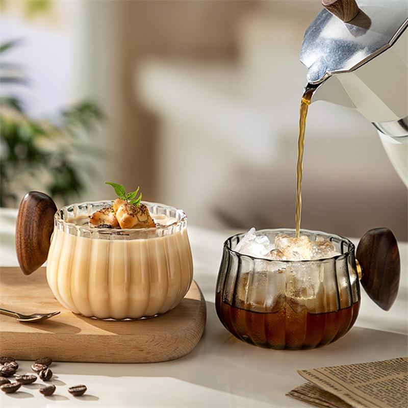 200ml Stripe Heat-resistant High Boron Silicon Glass Coffee Mug With Wooden Handle Ice American Latte Cup Breakfast Milk Tea Cup
