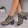 Schuhe für Damen 2024 Heißer Verkauf Damenstiefel mit seitlichem Reißverschluss Herbst Runde Zehenpartie Leopardenmuster Kurzer Schaft Klobige Absätze Mode-Stiefel