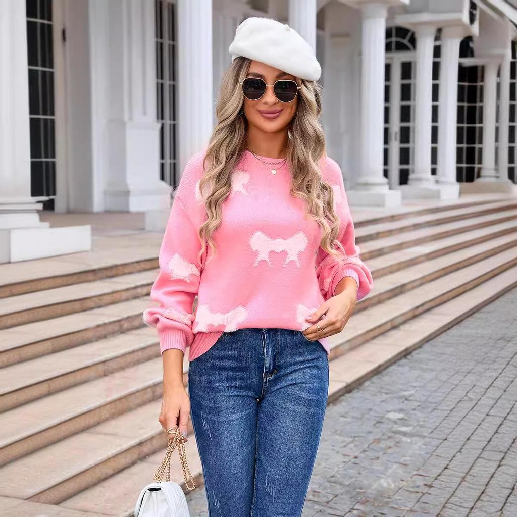 Pull tendance hiver 2026 pour femmes européennes et américaines avec nœud - Col rond, Tricot à manches longues
