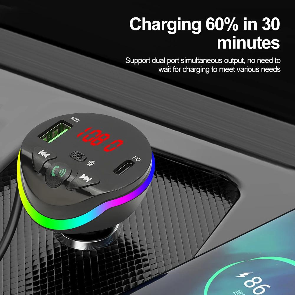 Bluetooth 5.0 Car FM Transmitter PD USB Car Charger Phone Fast Charger With Ambient Light Wireless Handsfree MP3 Plyer Car Kit
