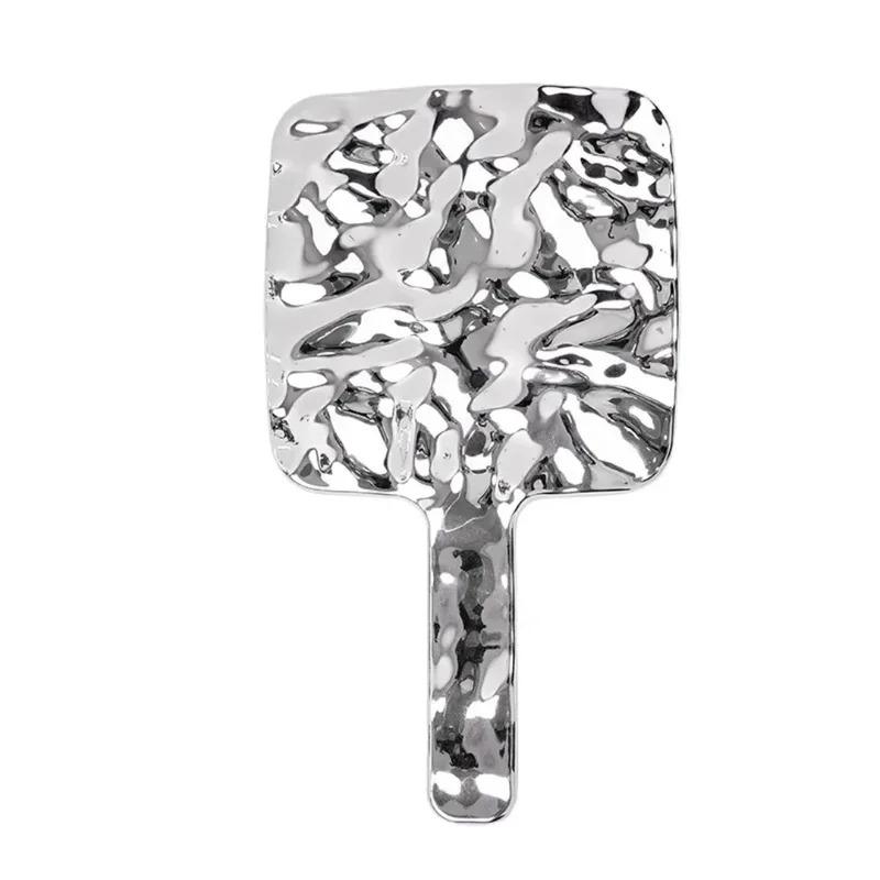 Vintage Handle Square Makeup Mirrors, Liquid Shape Electroplated Texture, Portable Beauty Hand Small Make Up Mirror