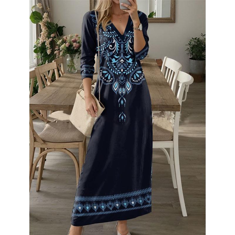 JPNTKY Moda Autunno Inverno Colore Solido Stampa Manica Lunga Scollo a V Abiti Casual