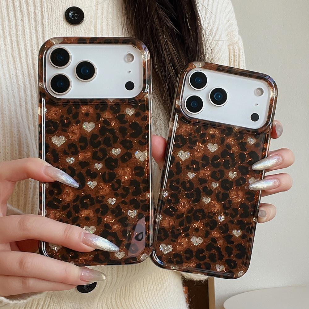 Glitter Heart Leopard Print Pattern Phone Case for iPhone 13 14 15 16 17 Pro Max Hard Back Cover Gifts